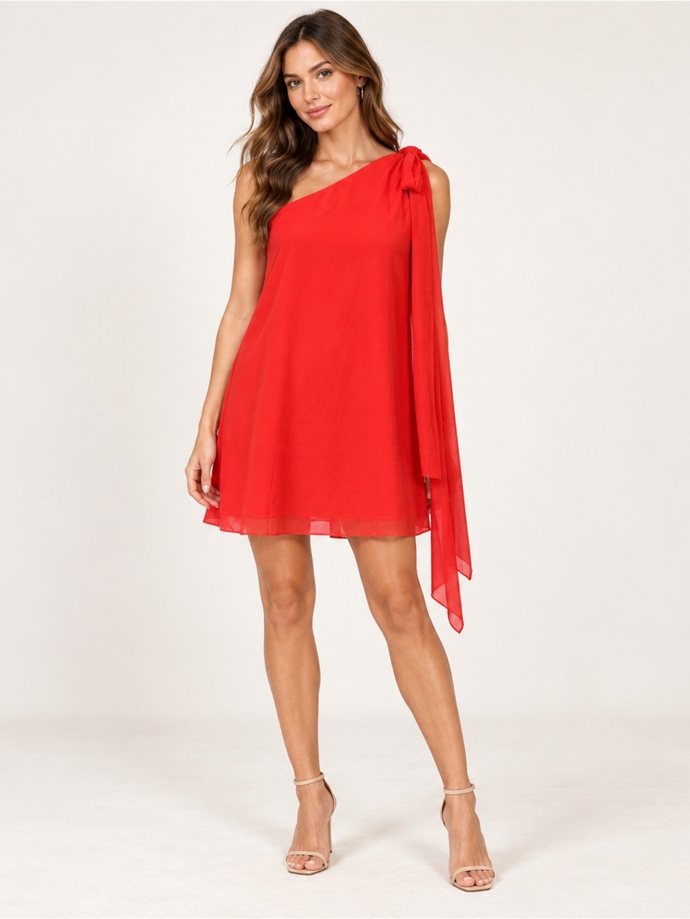 Amanda Uprichard Red One Shoulder Bow Chiffon Crepe Mini Dress Size Small